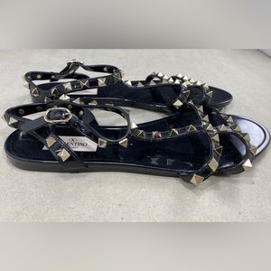Authentic Valentino Garavani Black Rockstudded Gold Rubber Sandals